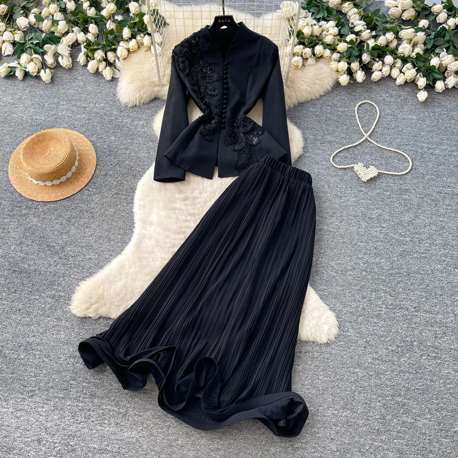 Women Two Piece Sets Skirt Set V Neck Full Sleeve Tops Long Skirts A Line High Waist Y2k Streetwear Elegant Work Pleated Party image 4