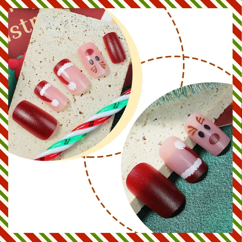 24 stks Kerst Vierkant Op Nagels Valse Nai Leuke Rendier Rode Kunstnagels met Afneembare Kerstmuts Nail Art Stickers voor Vrouwen