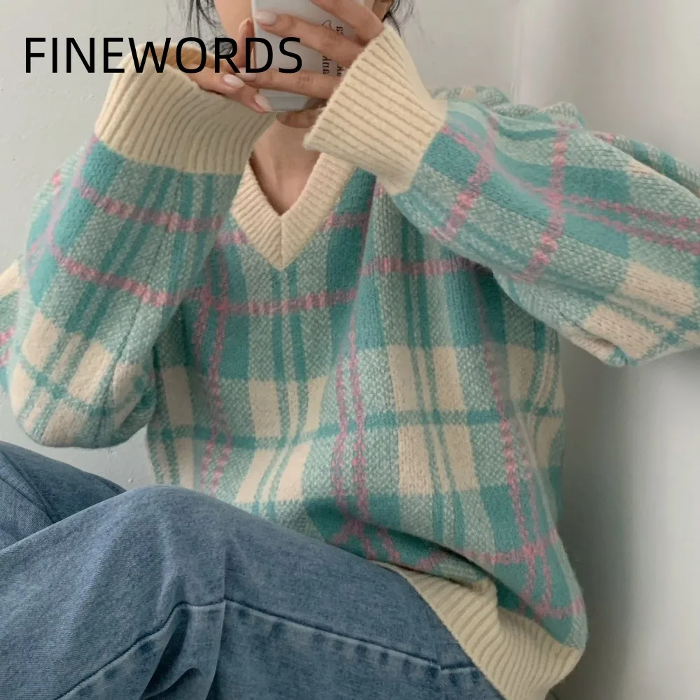 FINEWORDS-Pull à carreaux vintage d'hiver pour femme, pull à col en V, pull à manches longues, streetwear décontracté, mode