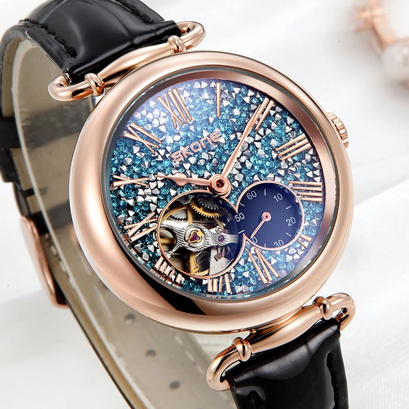 SKONE-ساعة نسائية مجوفة من الكريستال المرصع بالماس المقاوم للماء ، ساعة نسائية ، ساعة ميكانيكية نسائية ، علامة تجارية مشهورة ، أزياء فاخرة