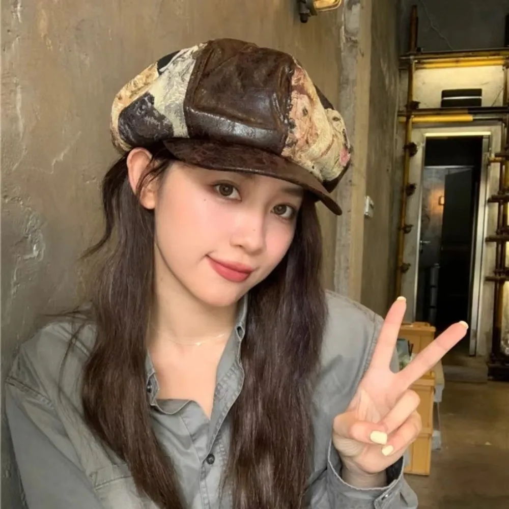 Casual Corduroy Retro Beret Puppy Patchwork Jacquard Newsboy Cap Short-Brimmed Octagonal Cap 3