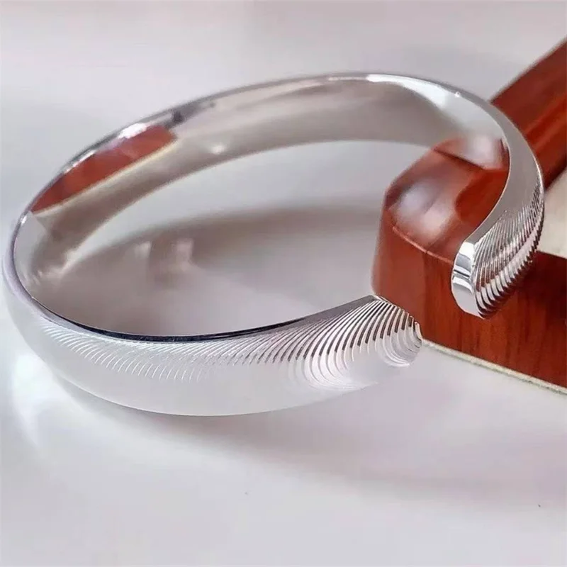 999 Sterling Silver Open Cuff Bangle for Men Women Radial Cat Eye Stripe Polished Silver Bracelet Minimalist Unisex Couple Fine