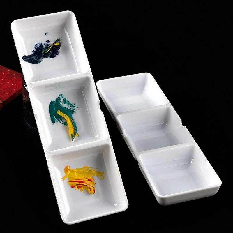 3 Well Imitation Porcelain Palette Plastic Rectangle Thickened Easy To Clean for Acrylic Gouache Watercolor Color Mixing