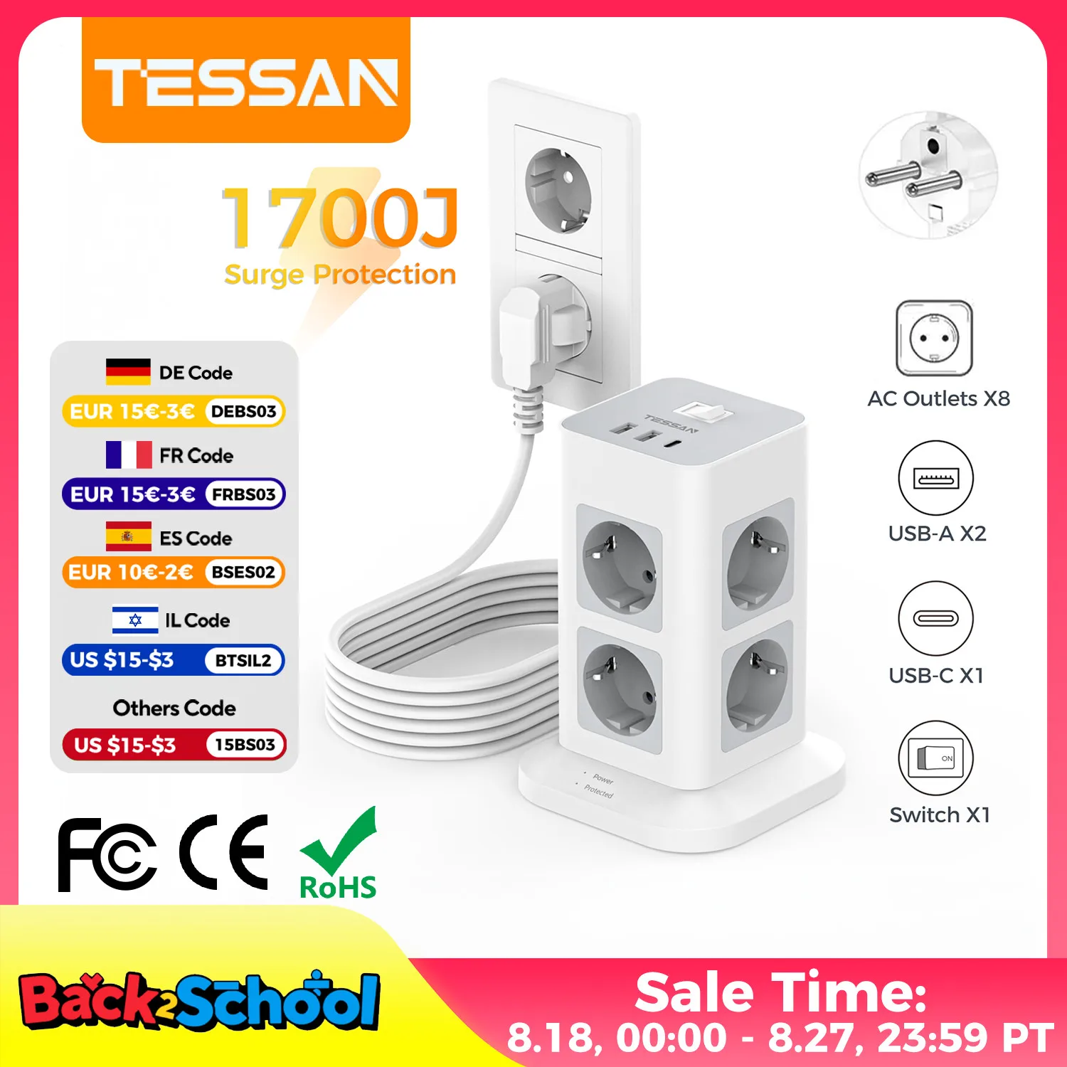

TESSAN Tower Power Strip Multi Outlets с USB A +1 Type C Удлинительный кабель 2M Вилка европейского стандарта Вертикальная электрическая розетка Защита от перенапряжения