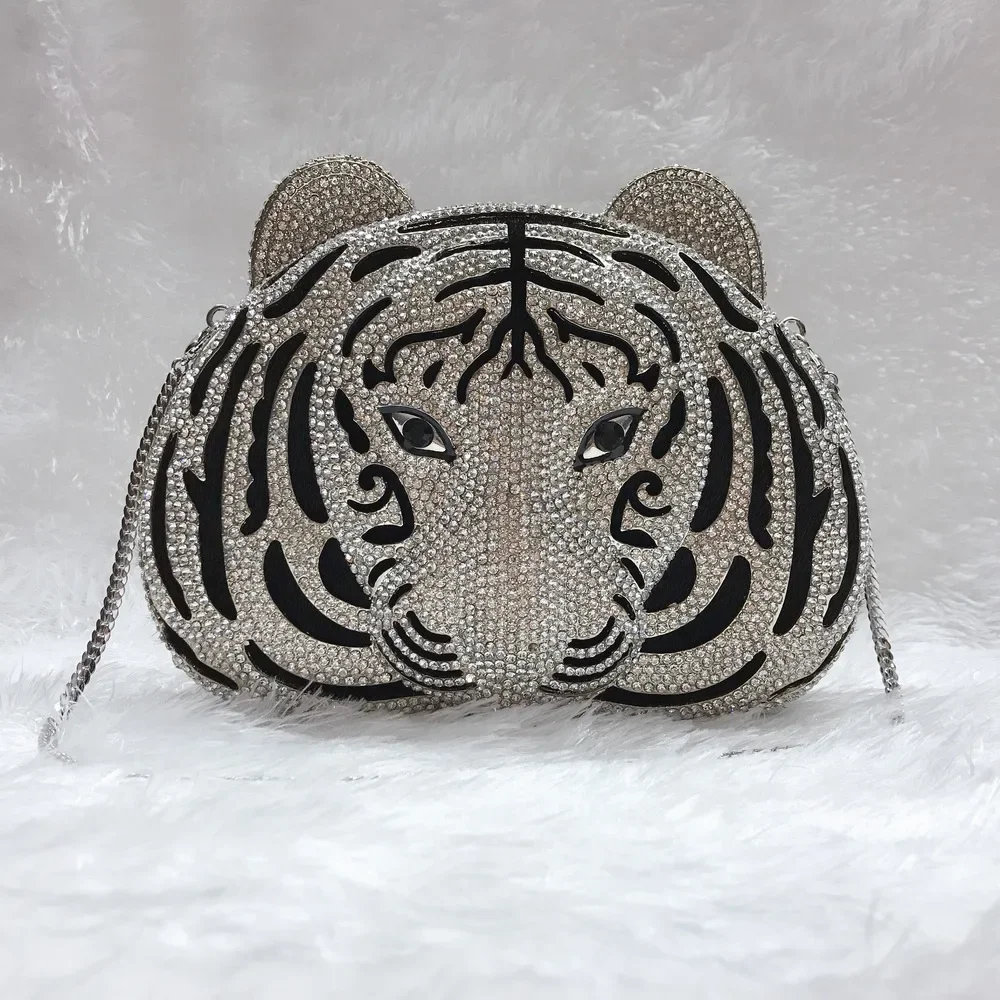 Large tiger head luxury rhinestone bag with loose metal inlay, banquet bag, party dress, banquet women's bag, enlarged phone2025