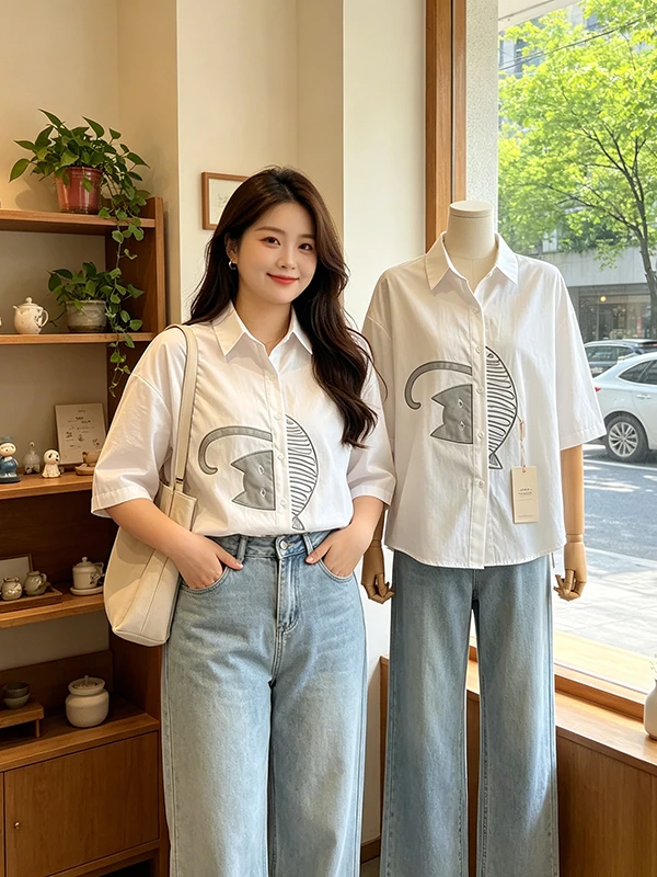 

Large Size Contrast Color Embroidery Short Sleeve Shirt Women's Summer Loose Belly Covering Age-Defying Versatile Top