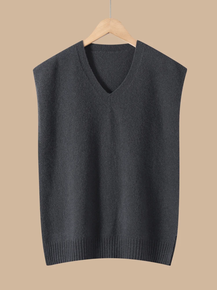 

Basic 100% Merino Wool Women Vest Autumn Winter Sweater Solid V-Neck Knitted Pullover Sleeveless Clothing Tops Cashmere Jerseys
