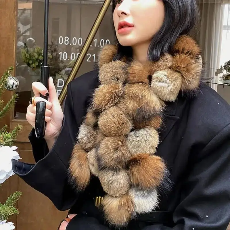 

Raccoon Fur Scarf For Women Real Fur With Rabbit Fur Ball Winter fashion Fur Long Scarf shawl gray Pompoms Raccoon Fur Scarves
