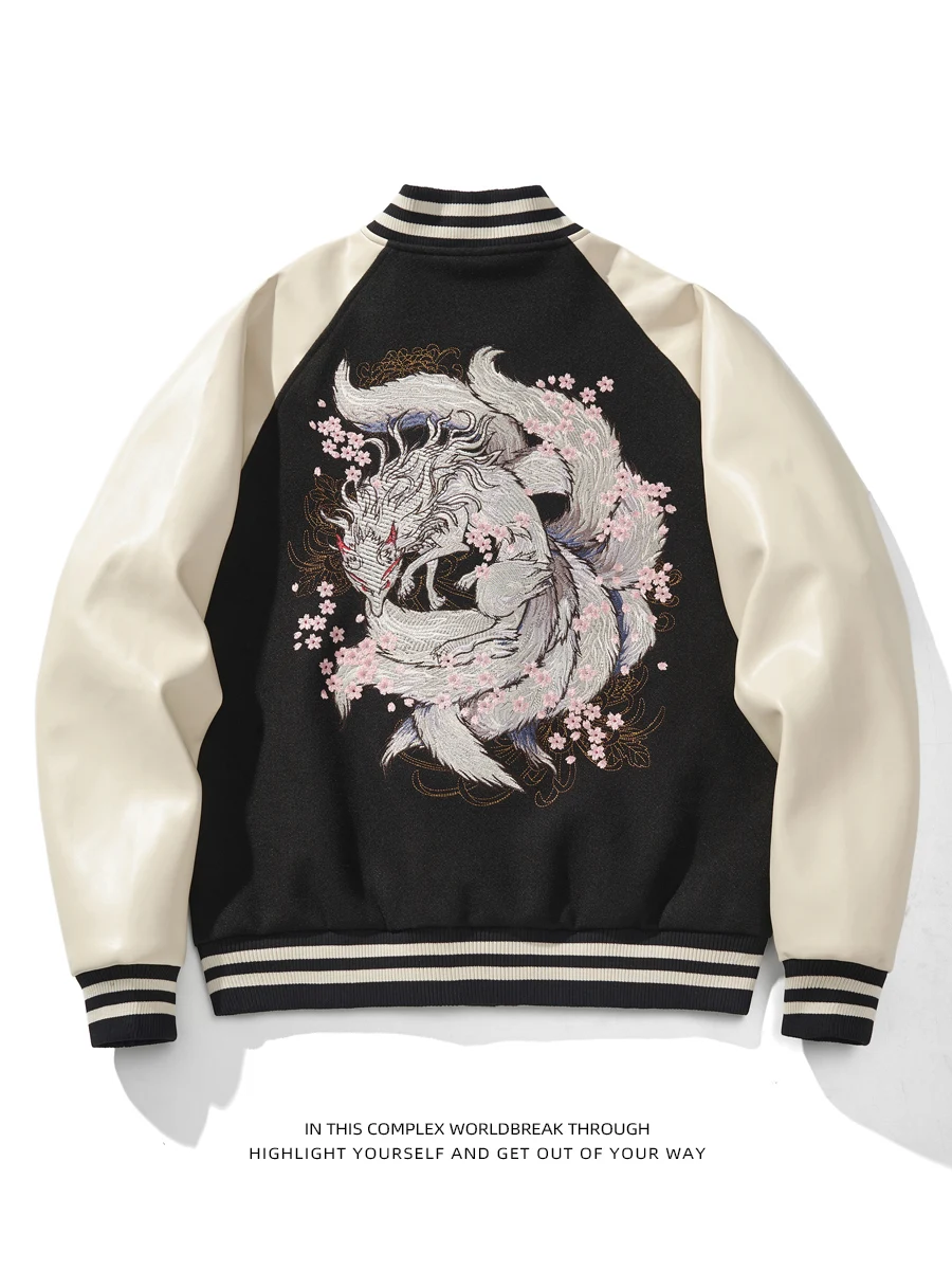 

Thiened Autumn Winter Baseball Jaet for Youth Loose Fit Embroidered Woolen PU Women's Sle Special Qingqiu Nine Tailed