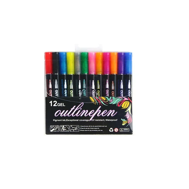 12 Color Double Line Outline Art Pen Marker Pen DIY Graffiti Outline Marker Pen Highlighter Scrapbook Diary Poster Card