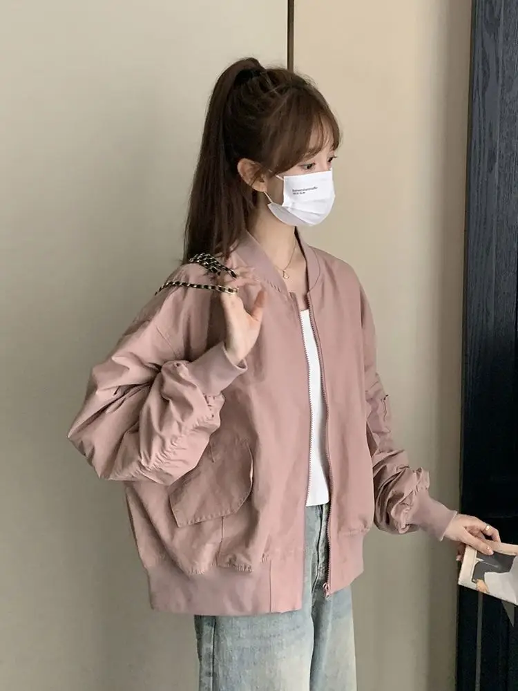 Women's Vintage American Pilot Loose Casual Baseball Bomber Coat Spring Autumn Chic Streetwear Outerwear