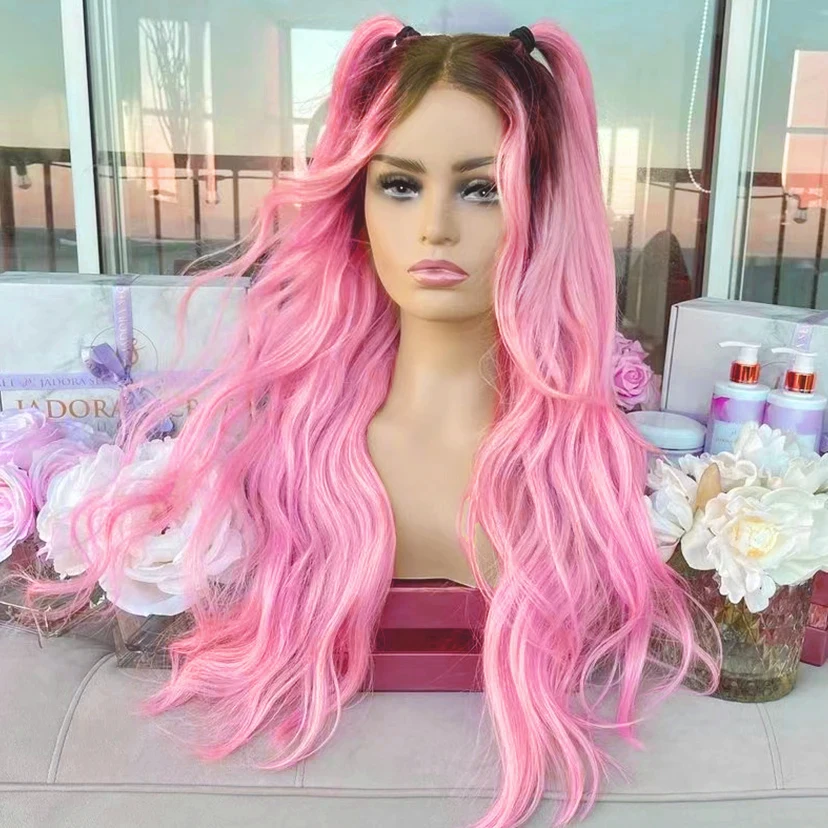 AIMEYA-Ombre Pink Lace Wig, peruca de onda natural, raízes pretas, peruca dianteira do laço sintético, cabelo resistente ao calor, peruca Cosplay uso diário, 13x4