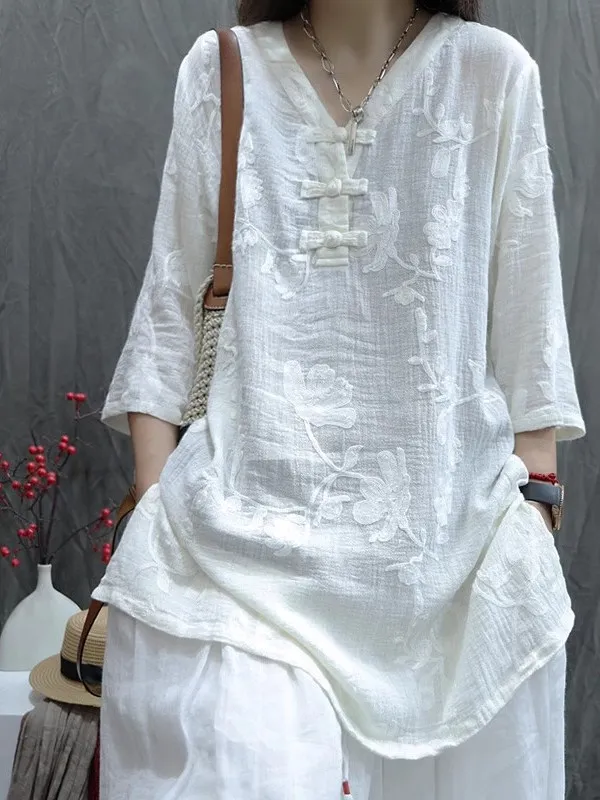 

Ladies Cotton Linen Blend Mid-Sve irt V-Ne Loose Fit Summer Faionable Versatile Embroidered Casual Busin Sle