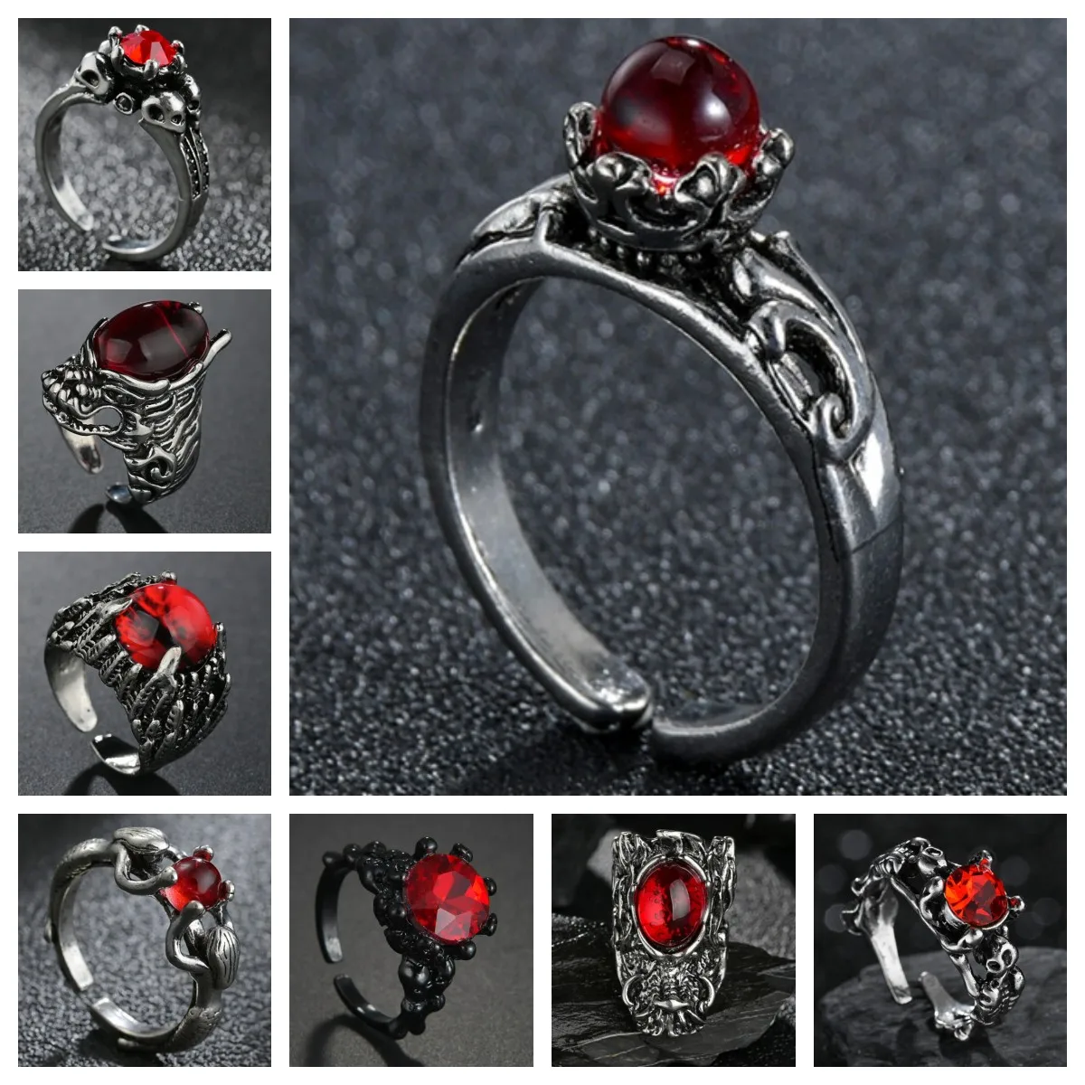 Men Women Fashion Retro Gothic Top Band Carving Pattern Vintage Red Stone Ring Wedding Band Rings Wholesale