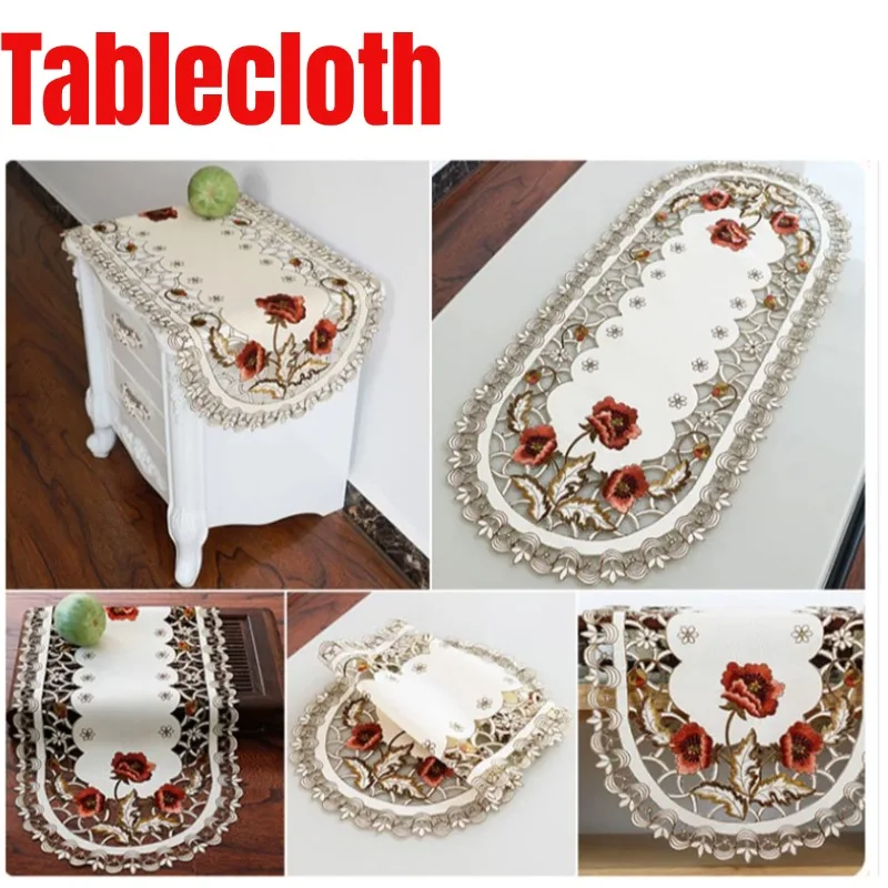 Oval Vintage Embroidered Lace Tablecloth Elegant European Rustic Floral Table Decor Floral Satin Fabric Table Cloth Protect