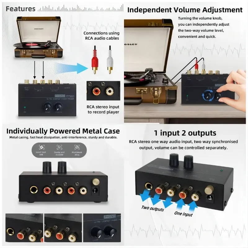 Phono-Vorverstärker, professioneller rauscharmer Plattenspieler-Vorverstärker mit DC 12 V Eingang, RCA-Ausgang, 1/4 Zoll TRS-Ausgang