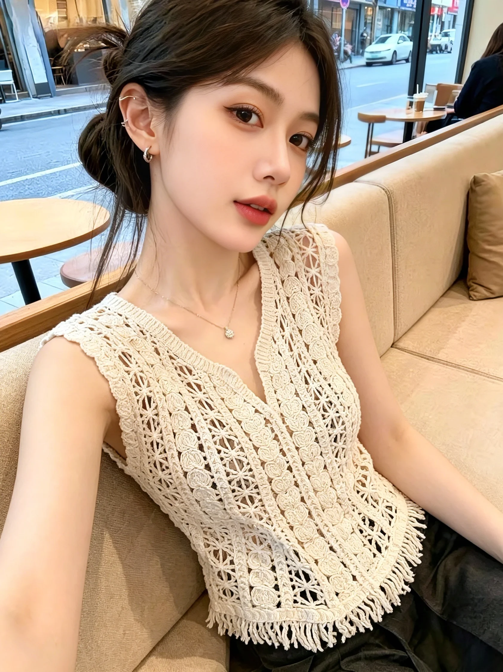 

Unique Knitted Hollow out Lace Hook Tassel Women's Summer Top Korean Style Straight Cut Sleeveless V-Neck Silk Blend