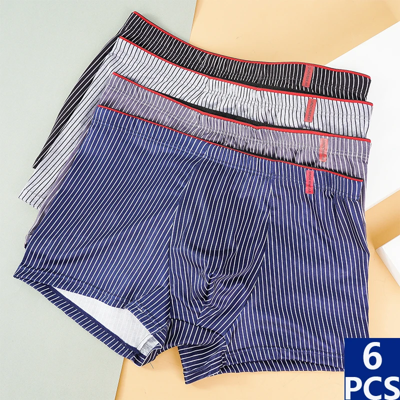 

6PCS Men Stripe Boxers Briefs Panties Plus Size L-4XL Underpants Underwear Men Fashion Lingerie Sexy Boxer