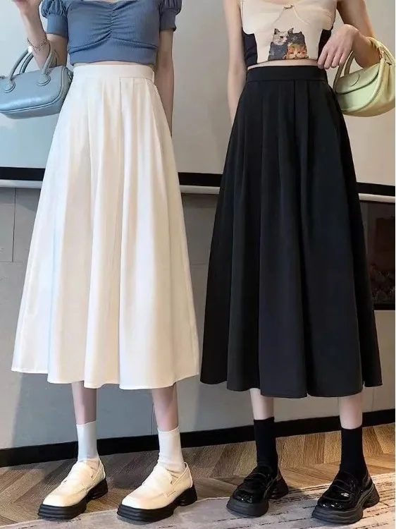 

White A-Line Midi Skirt Women's Summer Slimming Half-length High Waist Umbrella Skirt Commute Korean Style Casual Other