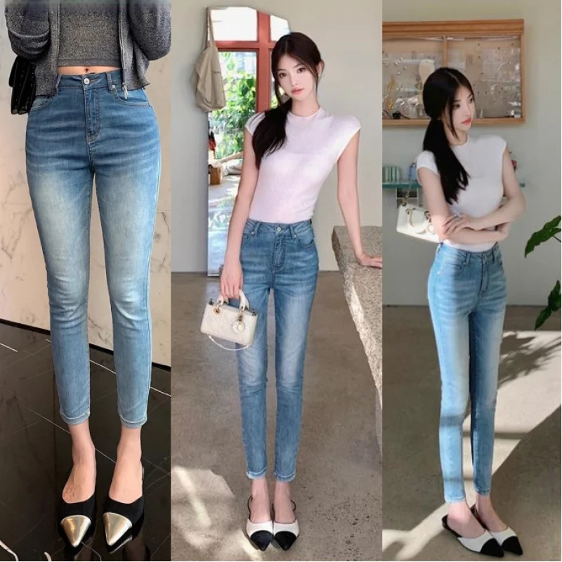 

Korean-style vintage washed denim blue slim-fit high-waisted straight-leg jeans for women2025New Summer Fashion