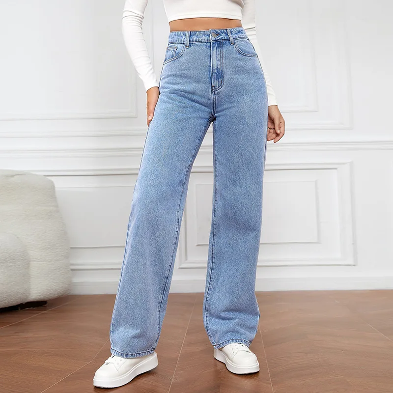 Europa und Amerika Neue modische gewaschene Jeans mit hoher Taille, neue gerade Hosen für Damen im Frühjahr und Sommer, lässige Hosen mit weitem Bein