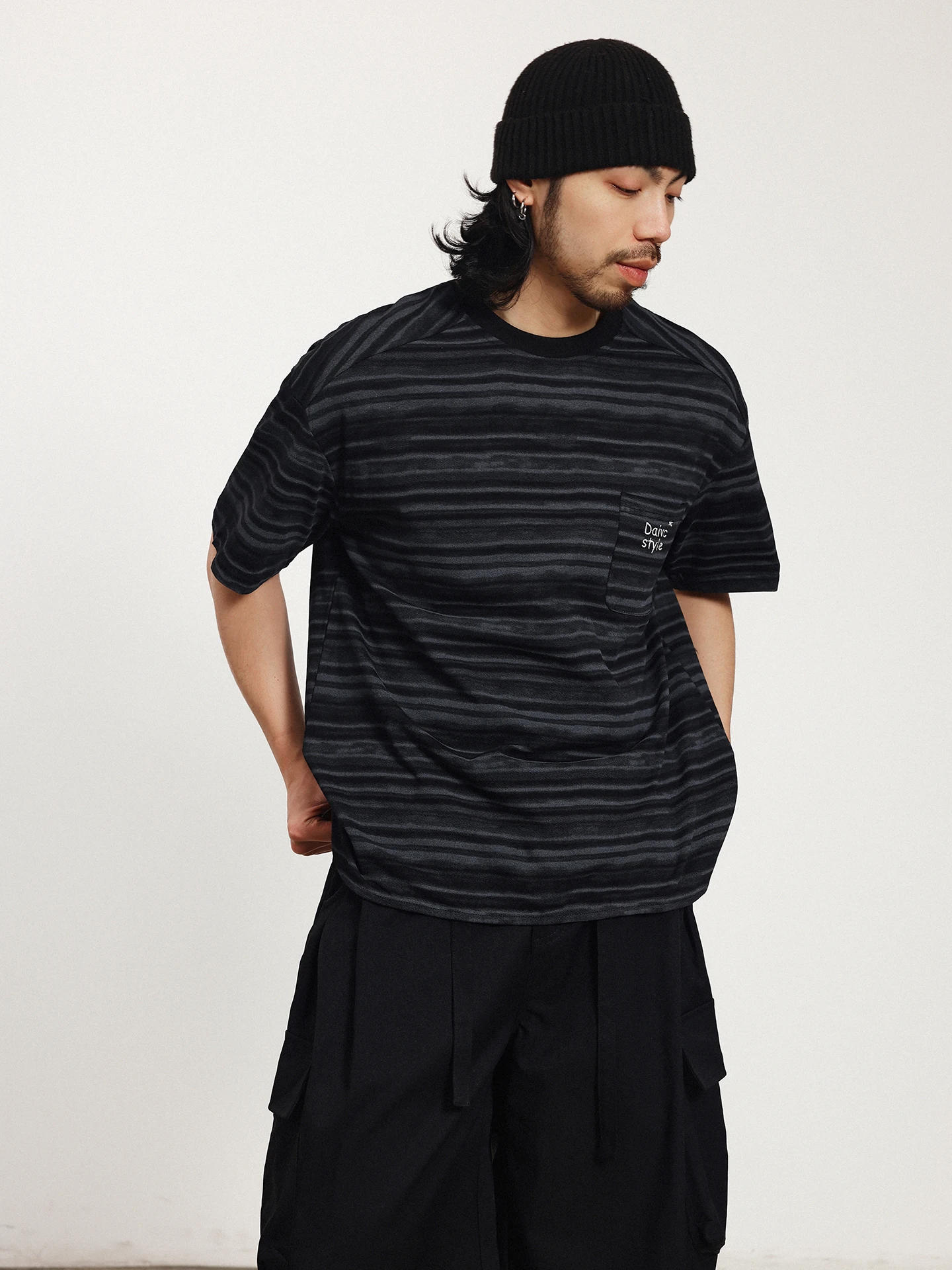 

NOEARS Summer Short Sleeve Striped Embroidered T-Shirt round Neck Knitted Pure Cotton Retro Cityboy Color Block Japanese Styl...