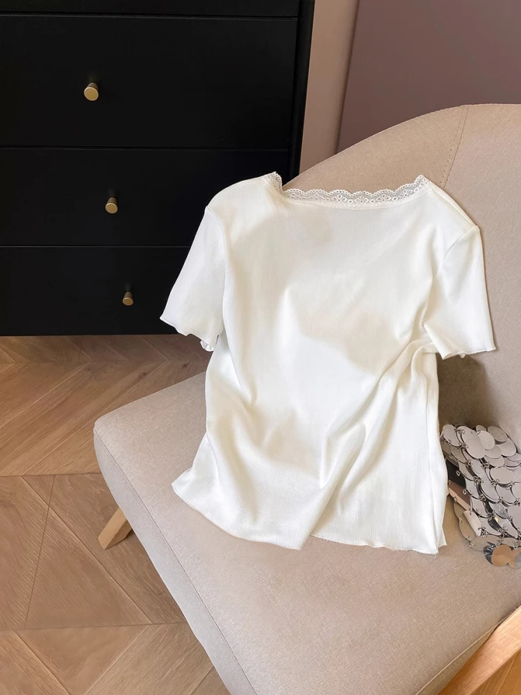 T-shirt V-ne ort Sve in pizzo bianco Top estivo dimagrante da donna Faionable Abbigliamento casual Traspirante Sweat-ng