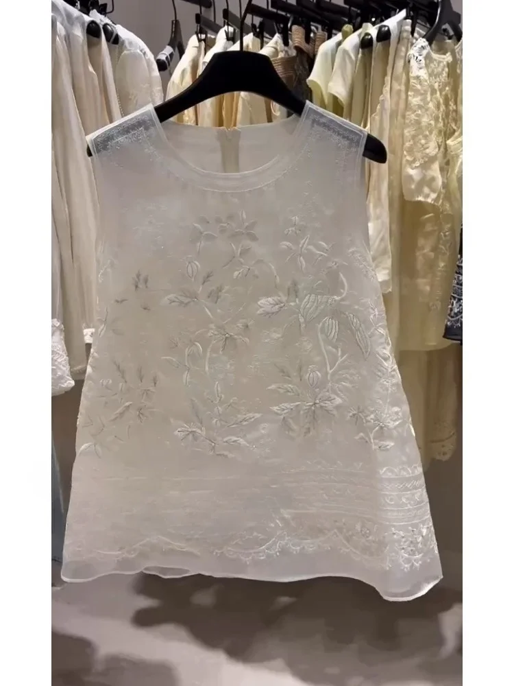 

New Chinese Sle Heavy Embroidery Organza Svel Top Women Summer New High Faion round Ne Vest Floral Pattern Loose Fit