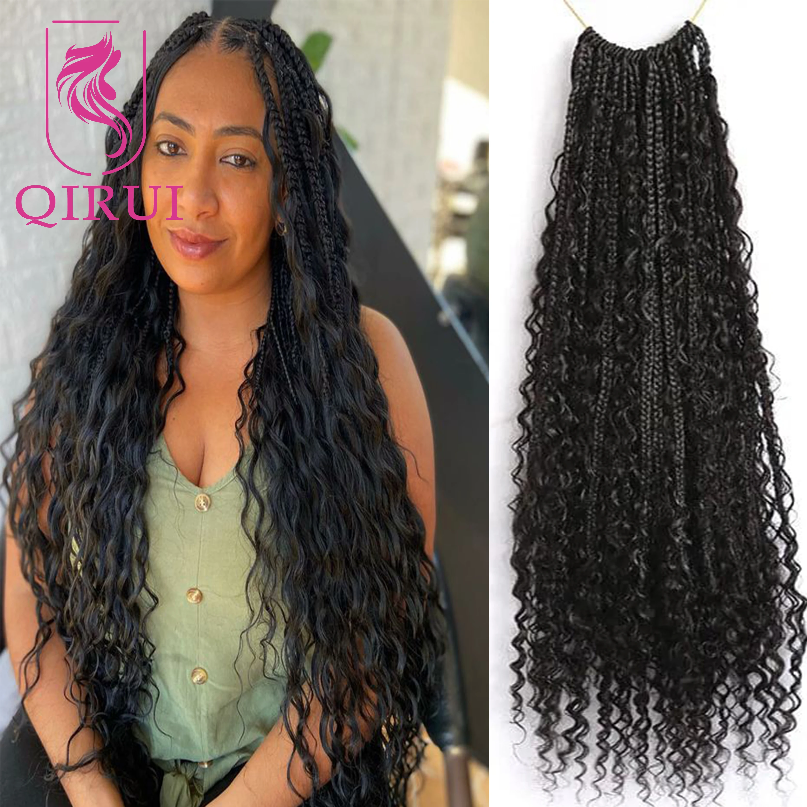 

Crochet Boho Box Braids With Human Hair Curls Pre Looped Box Braids With Curly Human Hair Full Ends Hair Extensions 30 Inch