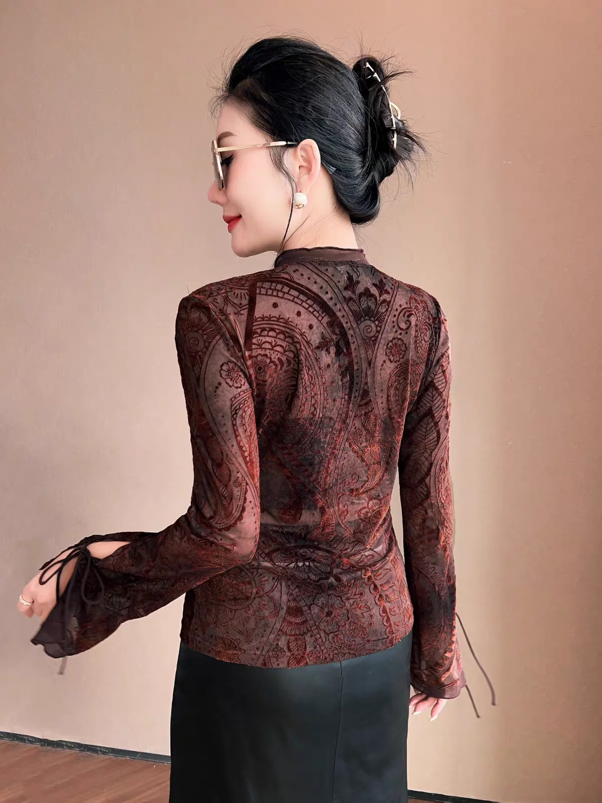 Women's V-Neck Lace Patchwork Long Sleeve Shirt Spring Autumn Sheer Stretch Top Slim Fit Flattering Base Layer Blouse
