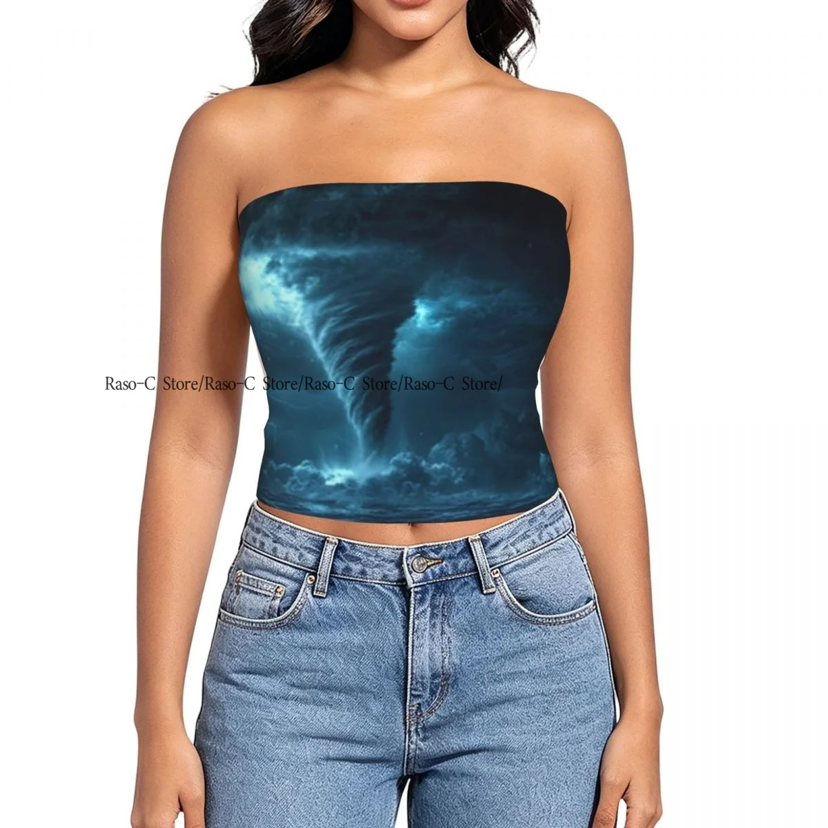 Women Block Crop Slim Tube Top Massive Tornado Forms Over The Sea Strapless Top For Summer Female Clothing