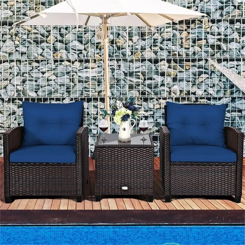 3-Piece Rattan Patio Set Navy Cushion Weather-Resistant Wicker Glass Table Compact Outdoor Sofa Garden Poolside, Customized