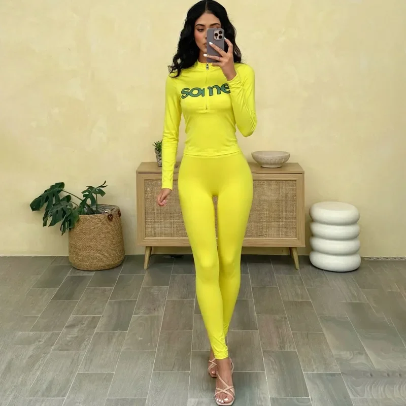 

Letter Print Tracksuits Women Slim 2 Piece Set 2025 Autumn Zipper Long Sleeve Pullover Sweatshirts Tops + Skinny Pants Suits