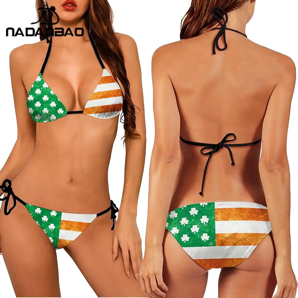 

NADANBAO Ireland flag Printed Bikini Set Plus Size Swimwear Women Beach Two Piece Suit