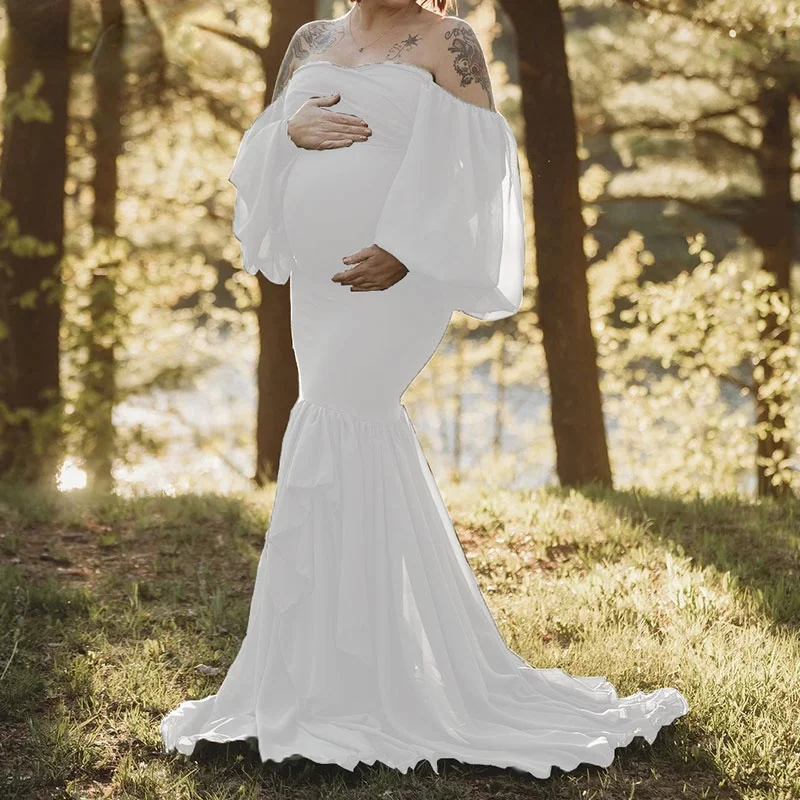 Vestido de maternidad con hombros descubiertos para Sesión de fotos, maxivestido de gasa, mangas largas, sirena, accesorios de fotografía para el