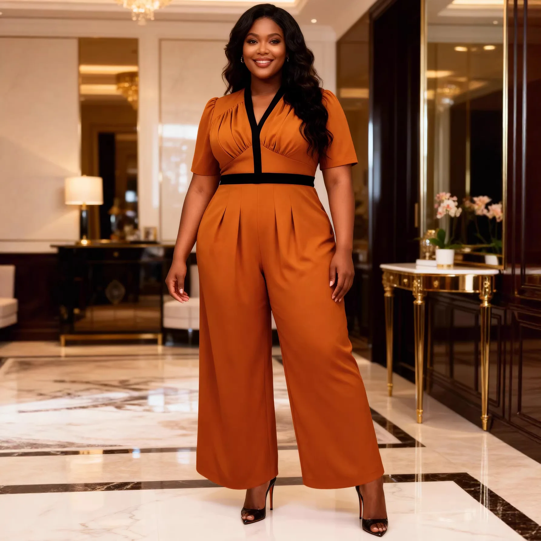 Plus Size V-neck Pleated Jumpsuit For Women Color Block Waist High-end Elegant Wide-leg Pants Women Dresses