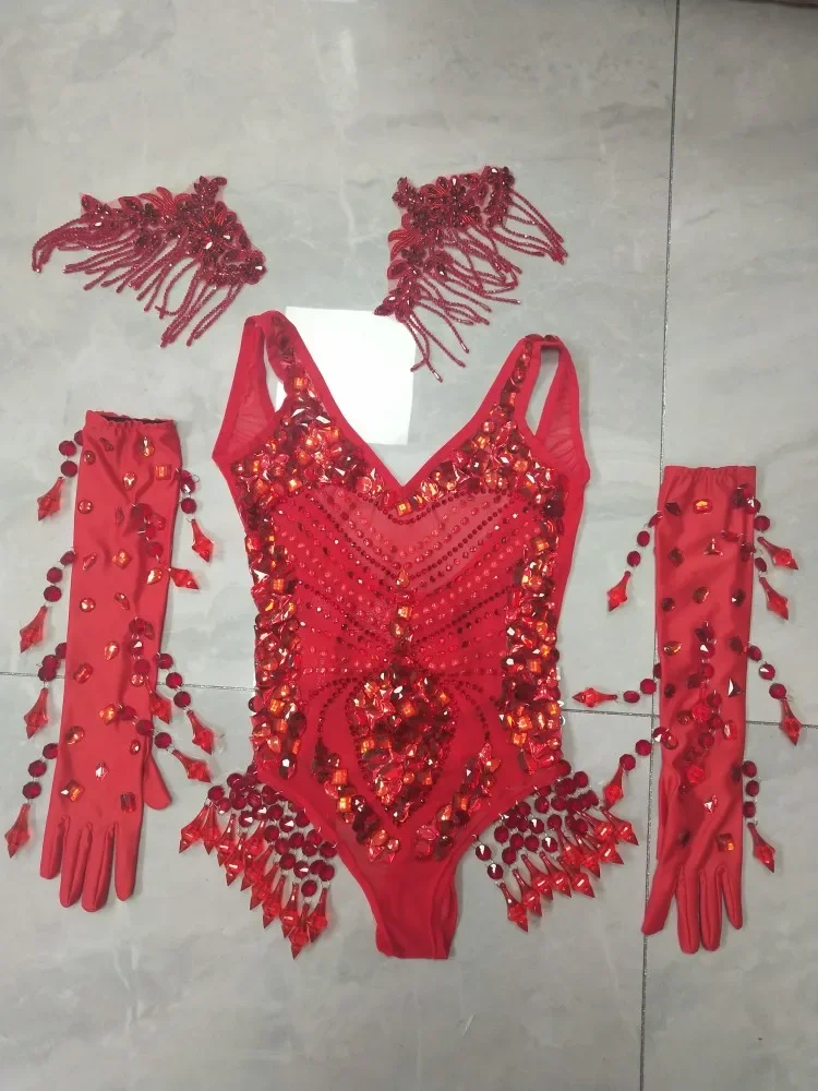 Vintage rode strass franje bodysuit kralen hoofddeksel handschoenen stadium slijtage nachtclub bar sexy gogo danseres show paaldanskostuum