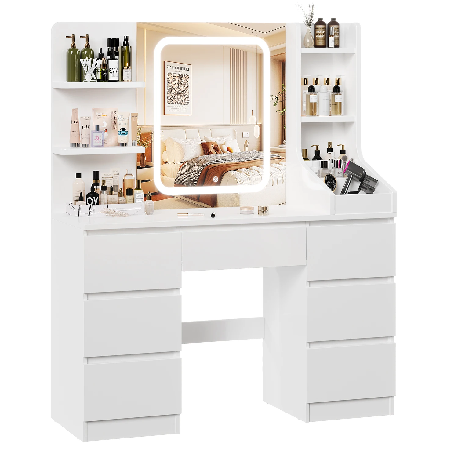 Tocador Homall con espejo LED, mesa de maquillaje moderna con 7 cajones y compartimentos de almacenamiento abiertos, interruptor táctil regulable de 3 colores de luz, 110 cm de ancho, blanco