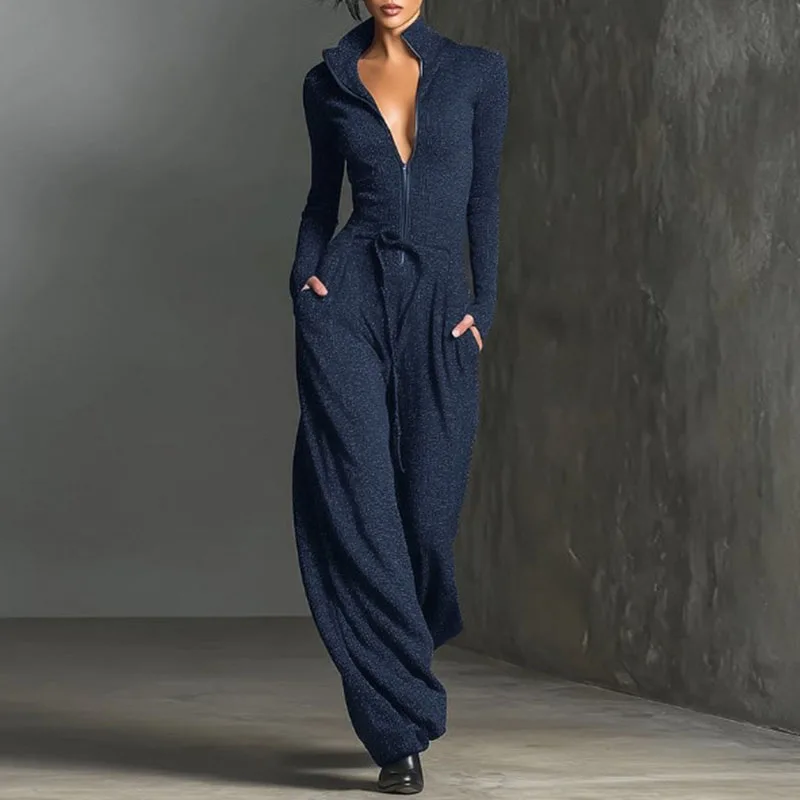 

Весенний повседневный однотонный приталенный комбинезон-боди для женщин, элегантный, с V-образным вырезом, на молнии, осенний, с длинным рукавом, с высокой талией, с карманами, спортивный костюм