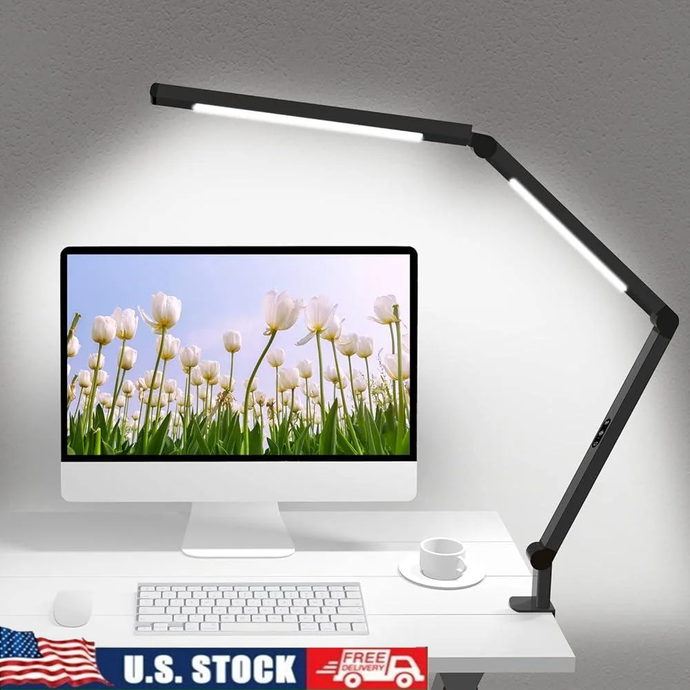 LED Desk Lamp with Clamp Adjustable Swing Arm Dual Light Eye-Care 4 CCT Modes 5 Brightness Levels Clip-on Work Study Reading