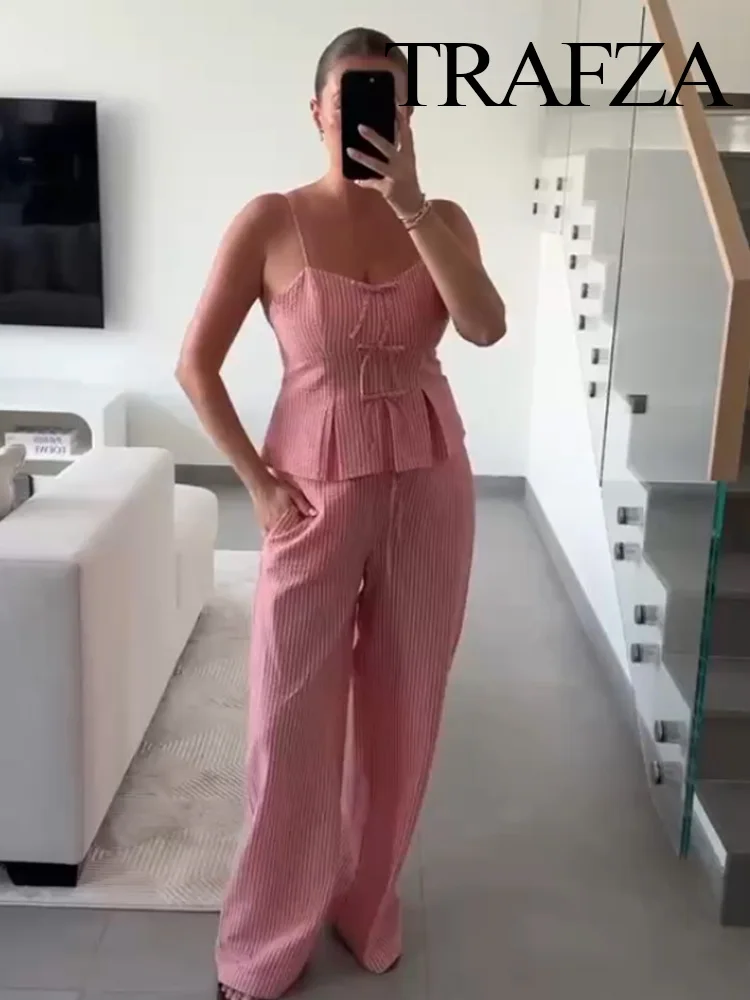

TRAFZA Summer Women Stripe 2-Piece Set Backless Bow Sleeveless Sling Top+Drawstring Elastic Waist Pocket Wide Leg Trousers