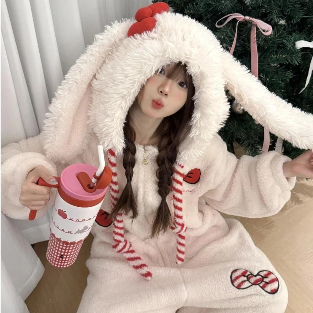 

Cute Rabbit One-Piece Fleece Pajamas Women'S Winter Thickened Fleece-Lined Red Bow Homewear Fashionable Girls' Winter Robe