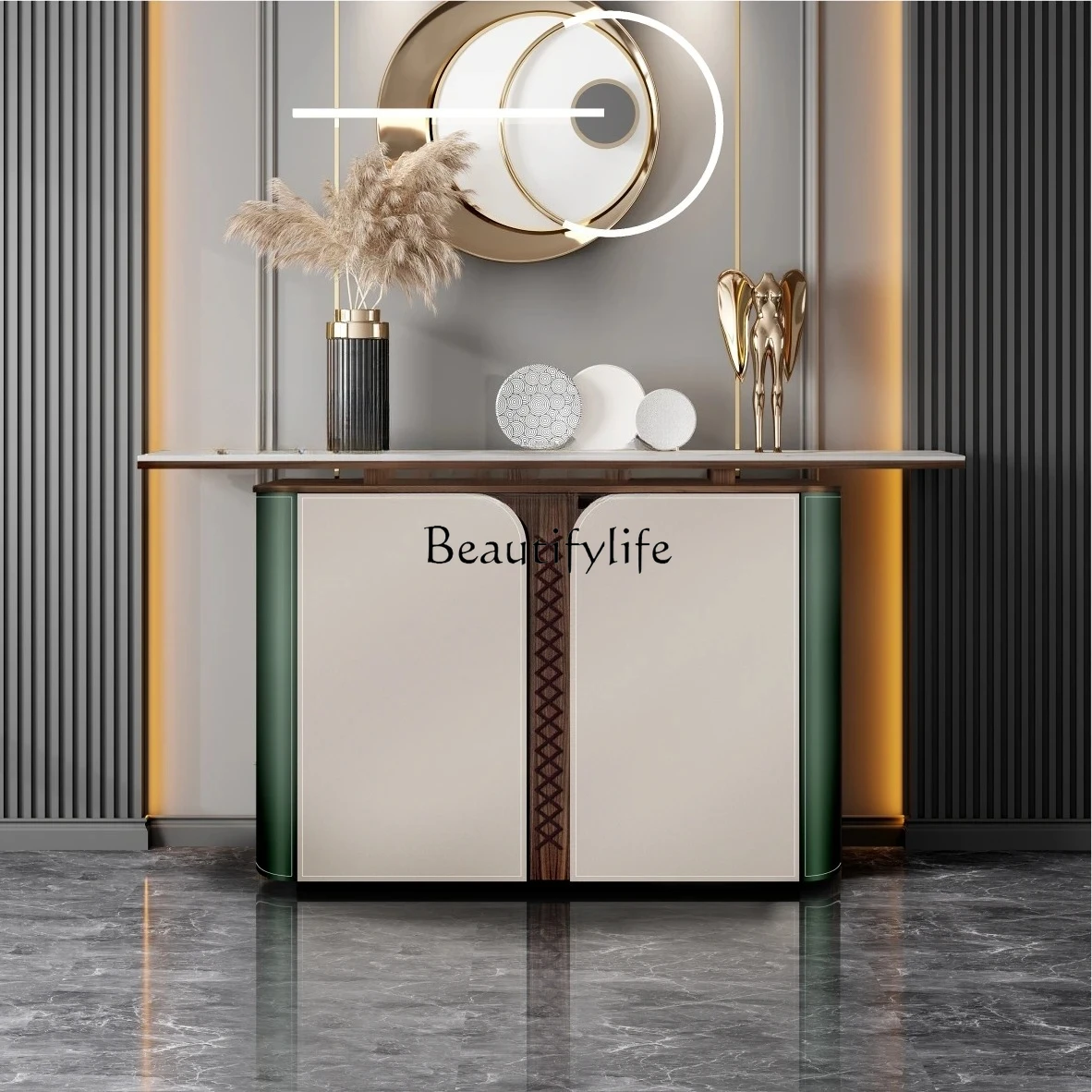 

yj7 Modern style light luxury rock slab entrance table, end view table size apartment saddle leather entrance cabinet