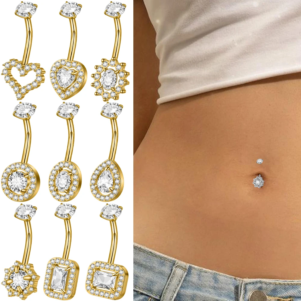 1PC Stainless Steel CZ Crystal Belly Button Ring 14G Flower/Heart Reverse Navel Piercing Hook Ombligo Piercings Body Jewelry