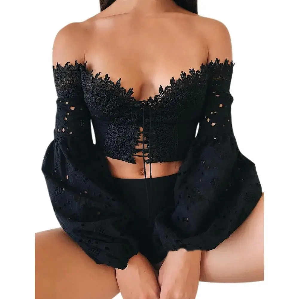 

Женская модная повседневная блузка с открытыми плечами, длинными рукавами, ажурным кружевом и свободным кроем, элегантный топ для женщин