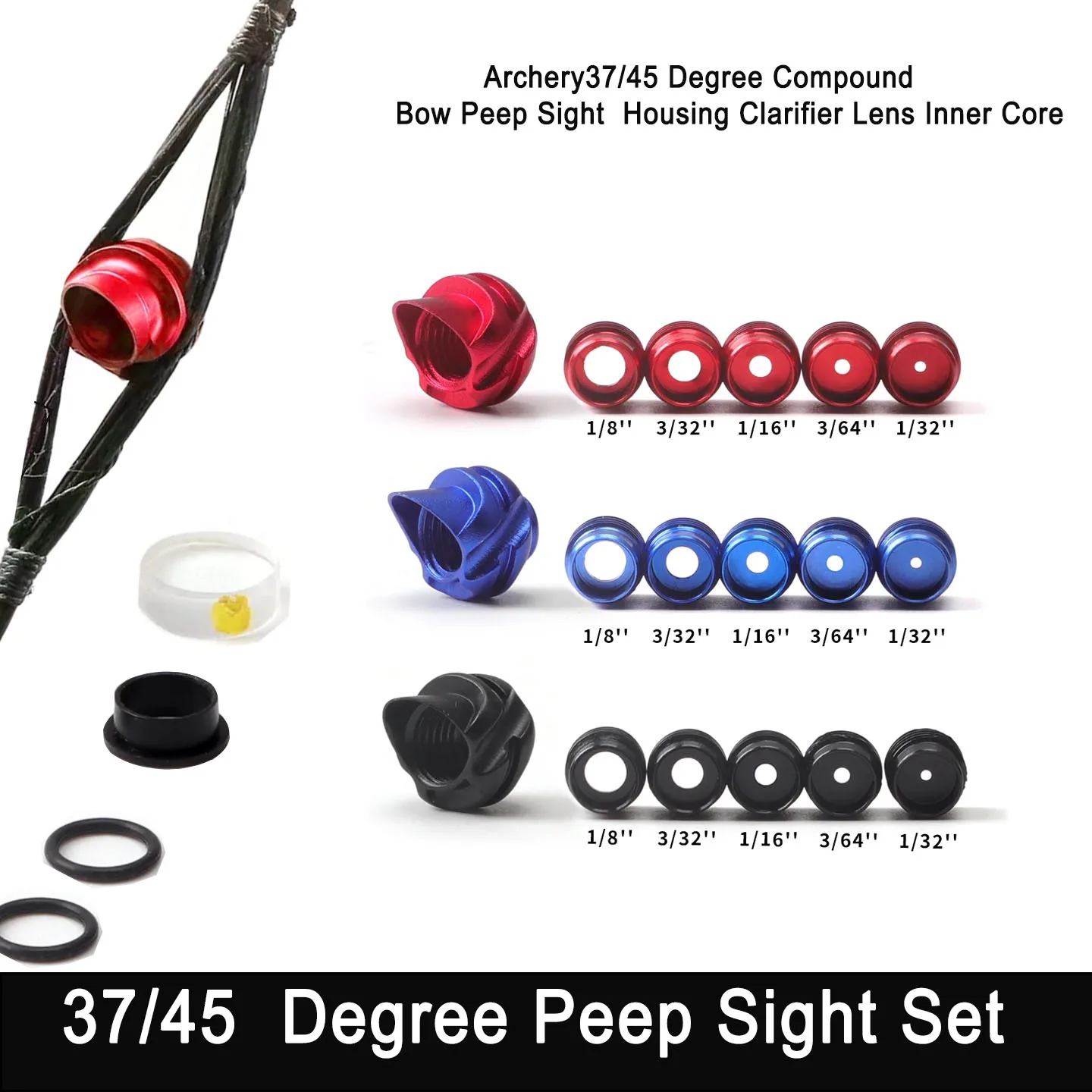 37/45 Degrees Compound Bow Peep Sight Sets Archery Aiming Accessories 5pc Inner Core and 4X6X8X lens Shooting Outdoor 3colors
