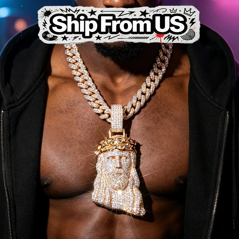 Iced Out Jesus Face Charm Urban Neck Jewelry Bling Full Diamond Party Fine Jewelry Gifts for Men Boy Friends Sparkling Jesus Head Pendant Cubic Zirconia Micro Paved 18K Gold Electroplated Cuban Chain Hip Hop Bling Necklace Accessories Rapper Street Shiny
