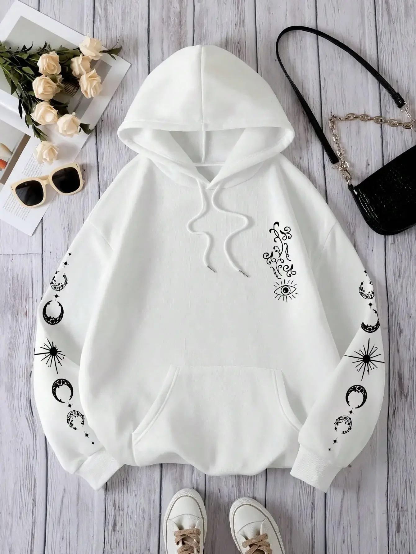 Star Sun Moon Eye Personality Pattern Women\'s Sweatshirt Vintage Oversize Hooded Street Casual Hoodie Autumn Simple Soft Clothes