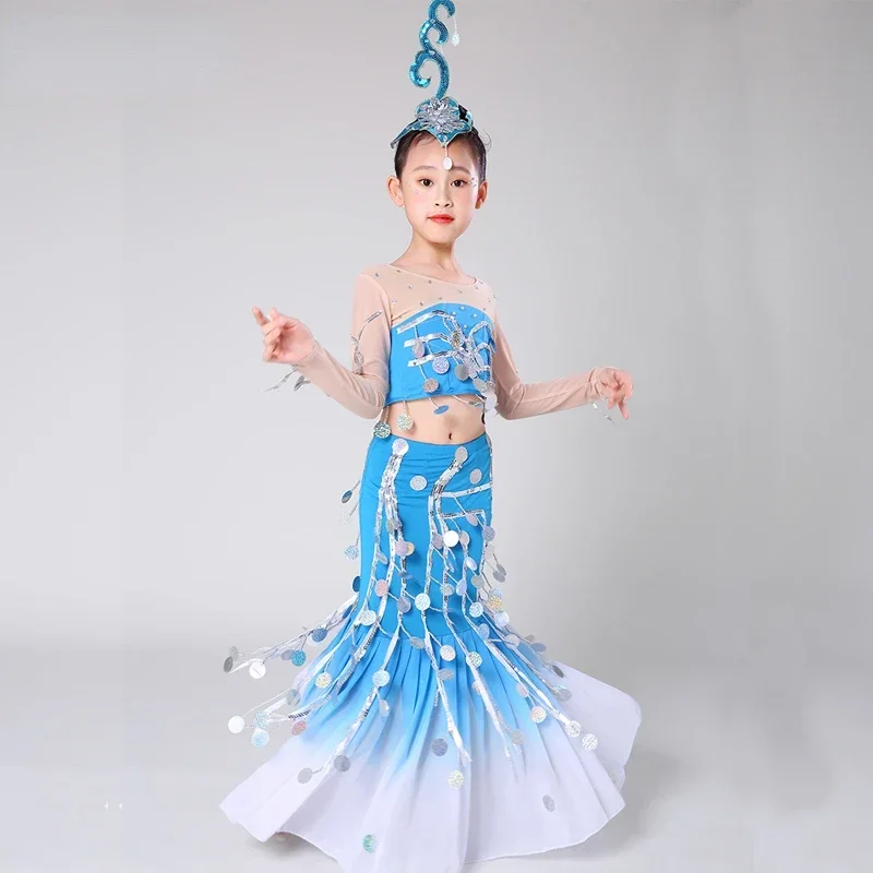 

Children Peacock Dance Suit Festival Outfit Dai Dance Costume Traditional Folk Chinese Peacock National Hmong Performance Cloth