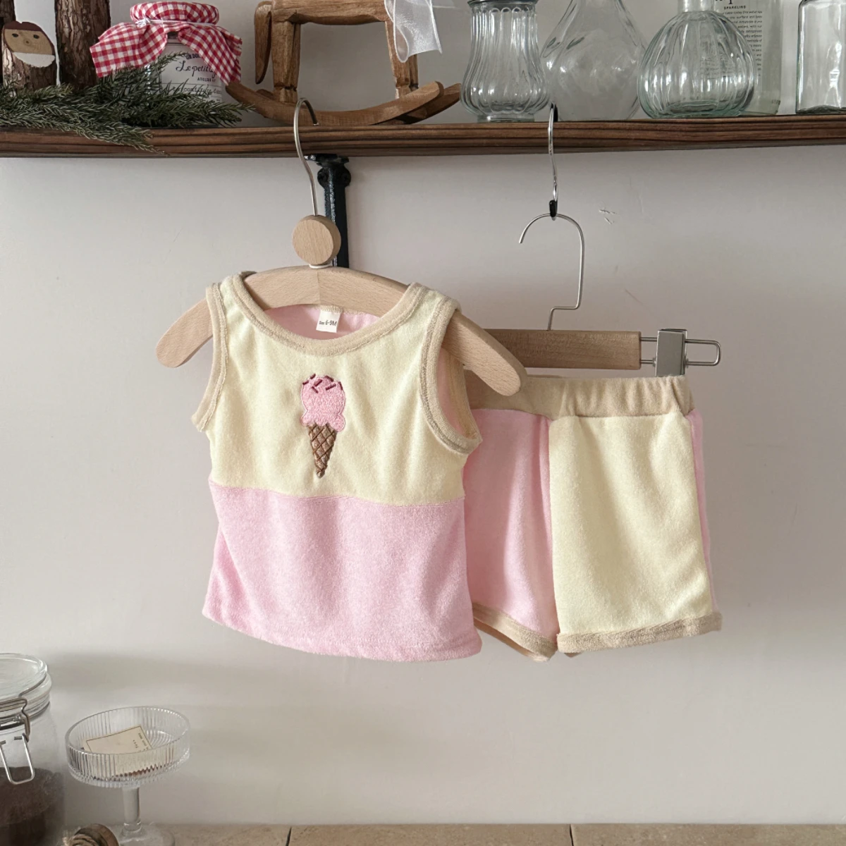 Summer Baby Set Contrast -color Striped Ice cream Embroidery  Tank Top and Shorts 2PCS Set Suitable for Boys and Girls